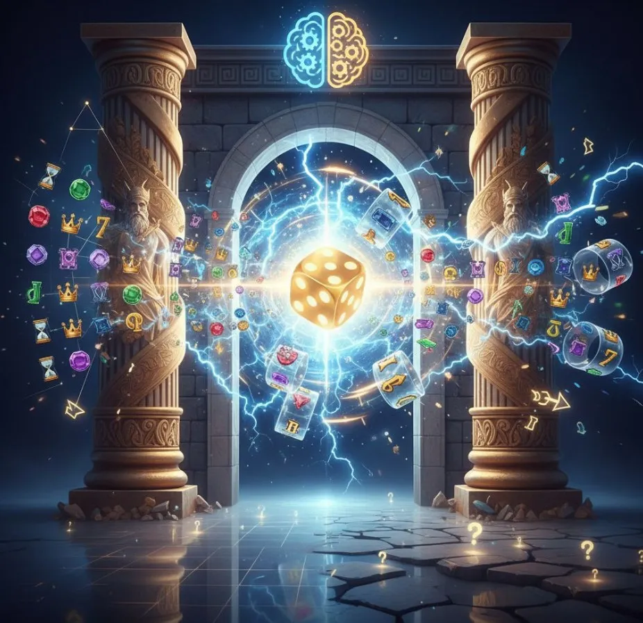 A visual representation of the Gates of Olympus slot with a blurred background, and in the foreground, elements symbolizing randomness (dice, shuffled cards) contrasting with a human brain trying to connect dots, illustrating the struggle to find patterns in chance.