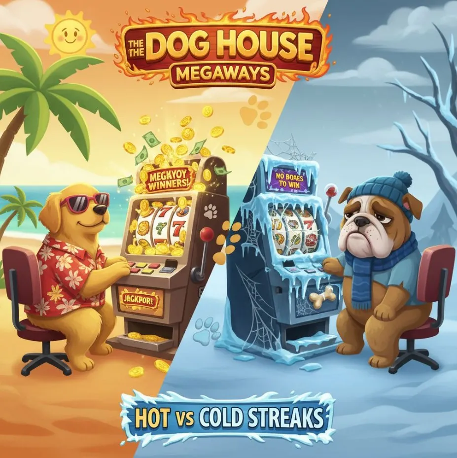 An image illustrating the concept of "hot" and "cold" streaks in The Dog House Megaways, perhaps with one side of the reels glowing red and the other blue, overlaid with a question mark about their validity.
