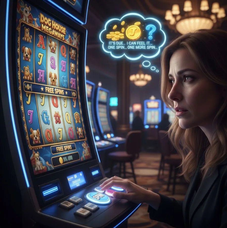 An illustration of the Gambler's Fallacy in The Dog House Megaways, depicting a player betting heavily on a spin after many non-bonus spins, with a thought bubble stating "Free Spins are due!".
