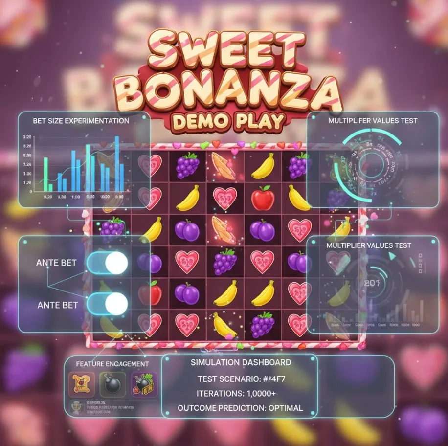 A Sweet Bonanza game screen with overlay graphics representing different strategic elements being tested, such as bet sizes, Ante Bet toggle, and multiplier values, in a simulated environment.