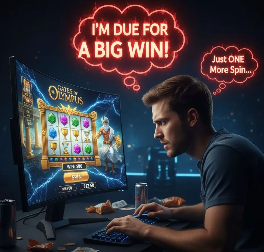 An illustration depicting the Gambler's Fallacy specifically for Gates of Olympus, showing a series of spins (perhaps 5-7 spins without a bonus) and a player's hand reaching to bet heavily on the next spin, with a thought bubble indicating "Bonus is due!".