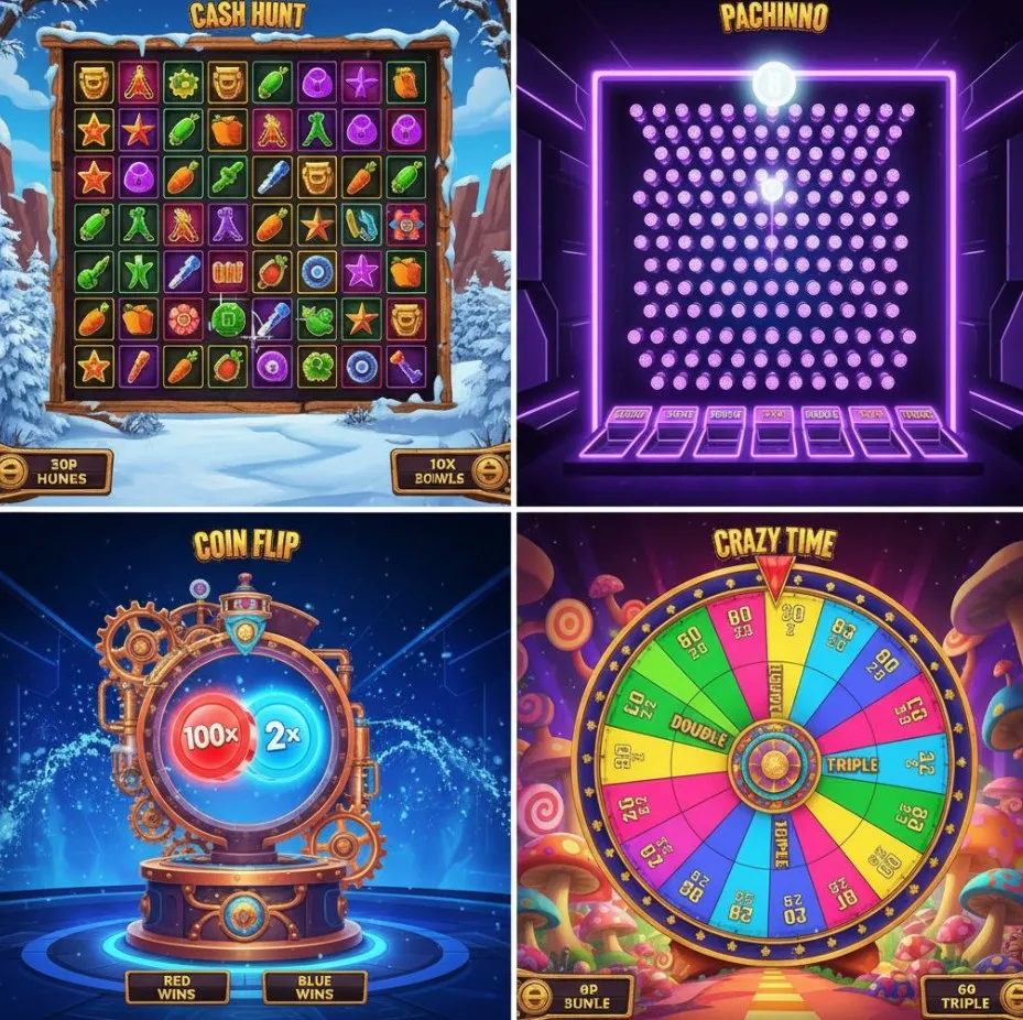 A visual comparison of the four bonus rounds in Crazy Time: the Cash Hunt gallery, the Pachinko wall, the Coin Flip machine, and the giant Crazy Time wheel.