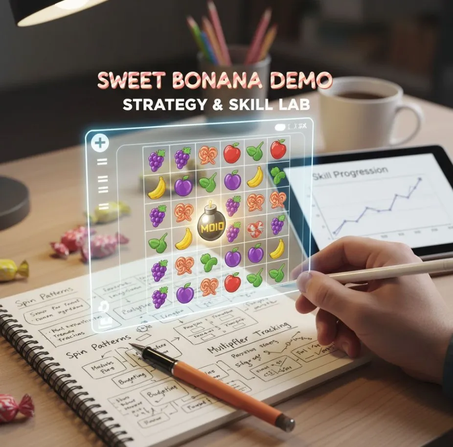 A conceptual image showing a hand interacting with a Sweet Bonanza demo game interface, with elements like a notepad and pen symbolizing strategy planning.
