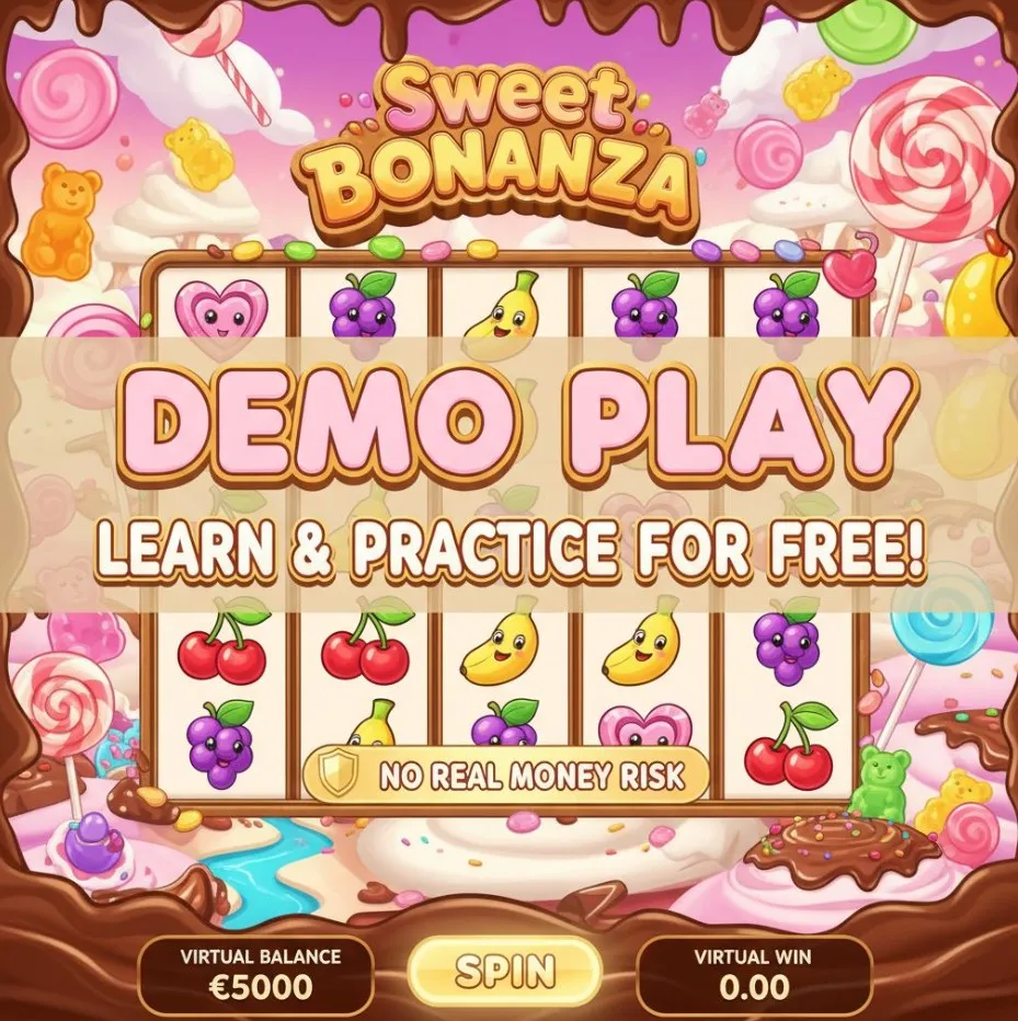 A vibrant Sweet Bonanza game screen with "DEMO" or "FREE PLAY" overlay, emphasizing learning without risk with a candy-themed background.