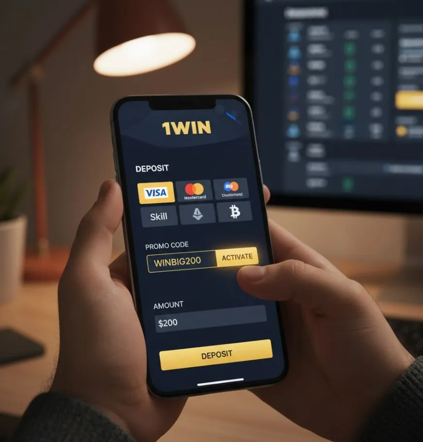 An image depicting a 1win promo code being used, with visual elements representing strategy, bonus funds, and the complexity of terms and conditions, highlighting informed decision-making.