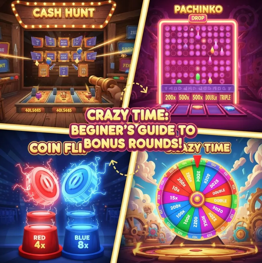An overview of the four exciting bonus rounds in the Crazy Time live casino game: Cash Hunt, Pachinko, Coin Flip, and the Crazy Time wheel