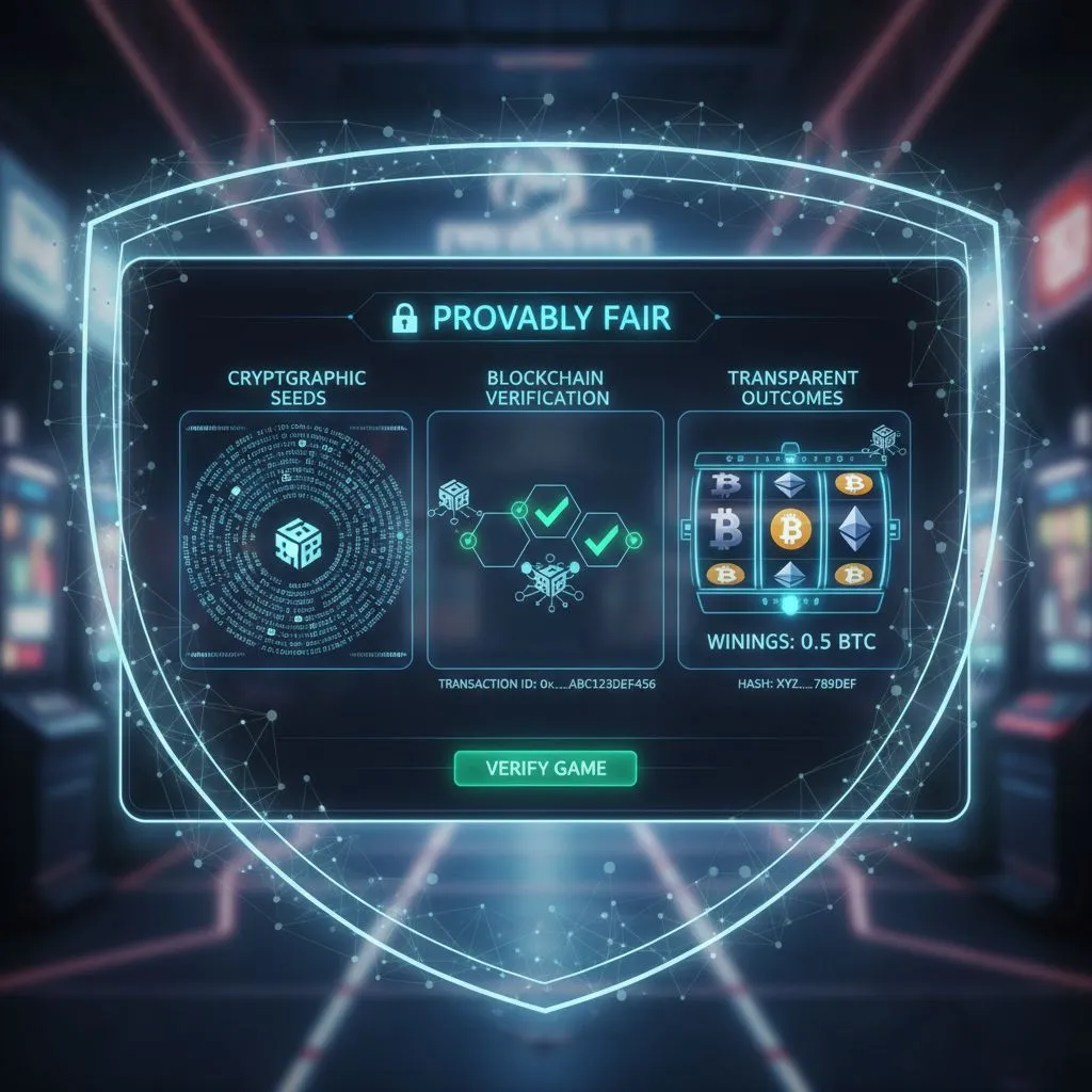 Depiction of provably fair technology in crypto slots, showing cryptographic seeds, blockchain verification, and transparent game outcomes for enhanced player trust.