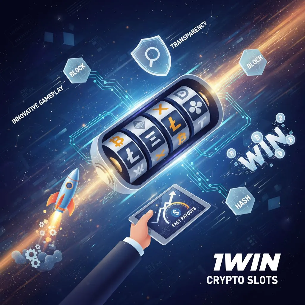 Dynamic illustration of 1win crypto slots, featuring blockchain elements and cryptocurrency symbols, symbolizing transparency, fast payouts, and innovative gameplay.