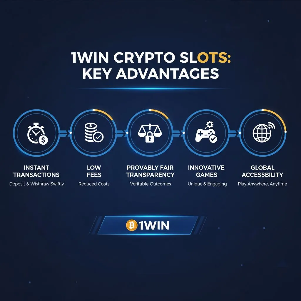 Infographic detailing the key advantages of 1win crypto slots: instant transactions, low fees, provably fair transparency, innovative games, and global accessibility.